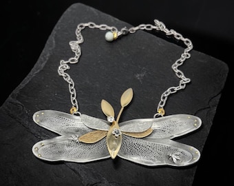 Handmade Mixed Metal Pewter Large Dragonfly Necklace