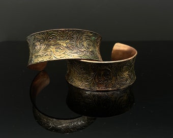 Handmade Embossed Concave Copper Cuff Bracelet, Baroque Art Nouveau style Copper Cuff