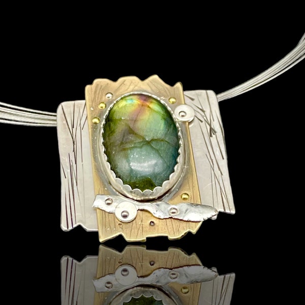 Sterling Silver,Brass, and Labradorite Handmade Pendant.