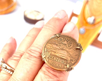 Vintage Mexican Centavos, adjustable, coin ring, 1944 Mexican coin ring