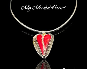 Red Heart and Sterling Silver Pendant, Broken Heart Necklace
