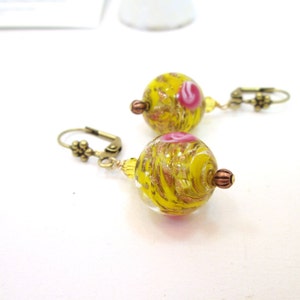 Handmade Murano Venetian  glass dangle earrings, Yellow Glass Bead Earring
