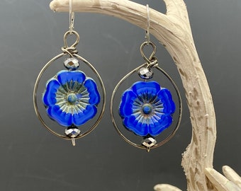 Blue Hibiscus Flower Earrings