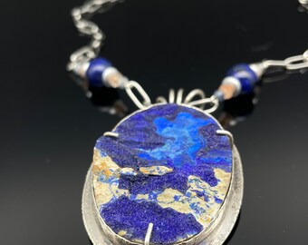 Raw Azurite in Sterling Silver Large Necklace