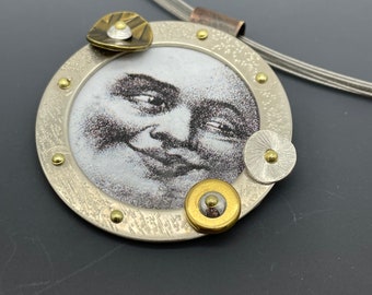 Handmade Moon Man Necklace, Porthole Pendant, Vintage Moon Necklace