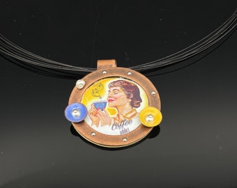 Vintage Graphic Pendant, Vintage Ephemera Necklace