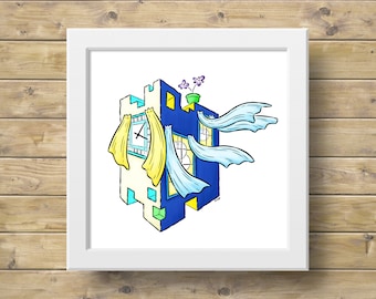 Safehouse Illustration - Art Print - Colourful Blue and Yellow Abstract House and Clock Dream Wall Art