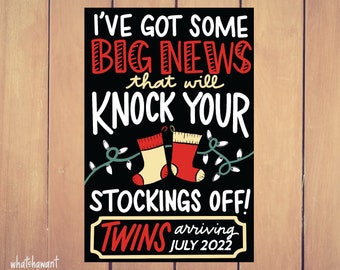 Big News, Knock Your Stockings Off Twins Baby Announcement | Pregnancy, Adoption | Instant Digital Download | Christmas Photo Prop | Custom