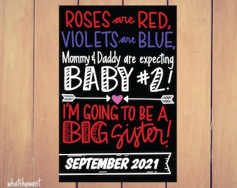Roses Are Red Baby Announcement | Big Sister | Pregnancy, Adoption | Instant Digital Download | Maternity Photo Prop | Customizable