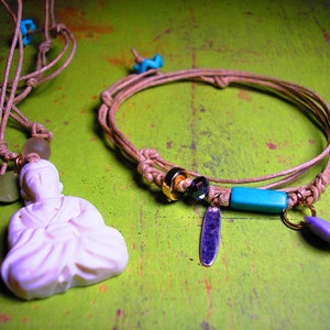 25 CENT SALE ! necklace set - faux ivory buddha pendant on cotton necklace & charm bracelet with turquoise bead on cotton cord | TTC12