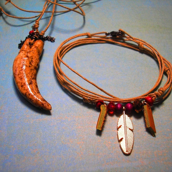 25 CENT SALE ! multi wrap bracelet or necklace with turquoise bead leaf charm and faux lion tooth pendant | IC12