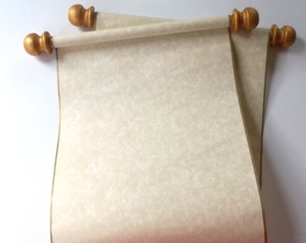 Wide blank scroll for handwritten calligraphy, 8x19 inches tan parchment paper with gold or silver edging and finials