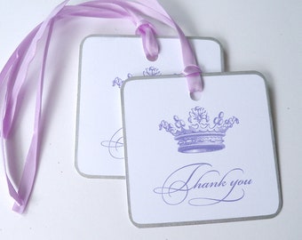 Princess thank you tag, royal crown in lavender with metallic gold or silver edging, 3x3" tags, set of 10