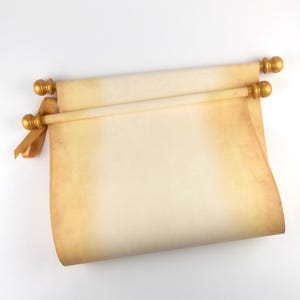 May include: A rolled parchment scroll with gold-colored finials and a matching ribbon. The paper has a vintage, aged appearance with a light brown hue and darker edges, suggesting an antique or historical theme.