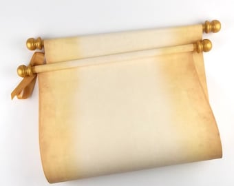 Aged blank paper scroll, gold or silver accents, 12x20" paper