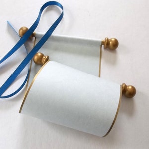 Set of two small blank scrolls on blue parchment with gold accents, 3.5x8&quot; paper- for hand writing or calligraphy
