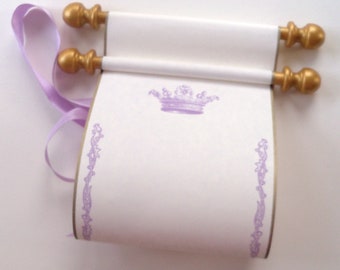 Blank scroll for handwriting or calligraphy with royal crown, lavender and gold accents, 5" wide cream paper