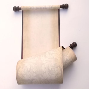 May include: A paper scroll featuring a cream-colored center with a dark brown border, attached to two dark brown wooden rods with decorative finials. The bottom portion of the scroll is rolled up, revealing a light beige floral pattern.