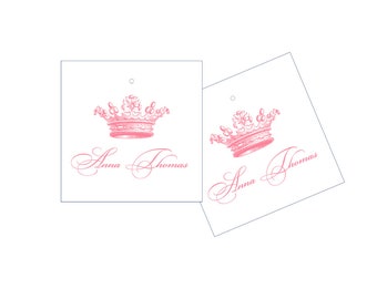 Custom princess tags with royal crown in pink and gold or silver, 3x3" tags, set of 10