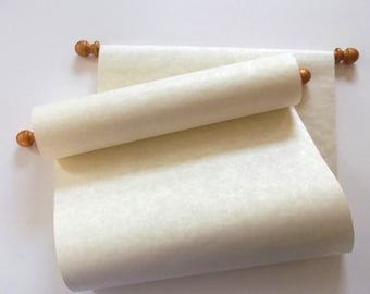 Blank parchment scroll with gold finials, 11x30 inches cream paper