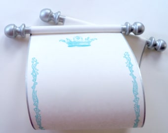 Royal princess crown scroll with box, 5" wide cream parchment with blue and silver accents