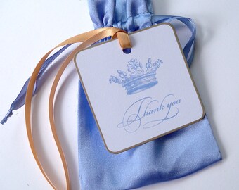 Princess favor bag and tag, light blue crown tag,  thank you favor, light blue with gold or silver, set of 10