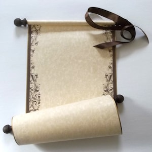 Vintage style blank scroll for hand calligraphy,  8x19&quot; tan parchment paper with brown and gold accents