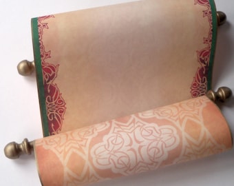 Decorative blank scroll for hand calligraphy, 8x20 inches parchment paper with red, green and aged gold accents