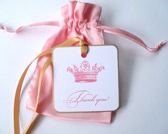 Princess favor bag, pink crown tag, bridal shower tag, thank you favor, pink blush and gold, royal crown favor - set of 10