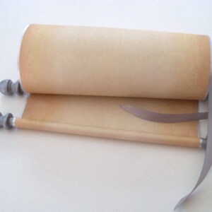 Blank aged parchment scroll with silver accents, 8x20&quot; paper
