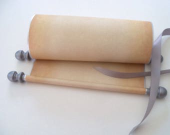 Blank aged parchment scroll with silver accents, 8x20" paper