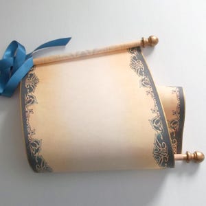 May include: A rolled parchment scroll with decorative borders and wooden dowels. The scroll is tied with a blue ribbon. The edges of the parchment have a dark gray and gold design.