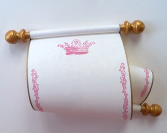 Royal crown scroll with box, 5" wide cream parchment with pink and gold accents