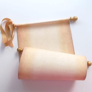 Aged blank parchment paper scroll with gold accents, 8x19&quot; paper, wedding gift, theater prop, housewarming, guest list, wedding ceremony