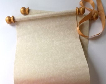 Wide blank scroll for handwritten calligraphy, 8x19 inches tan parchment paper with gold or silver accents