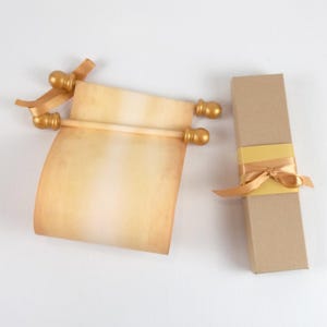 Blank vintage scroll with optional gift box and gold accents,  5x13 in paper