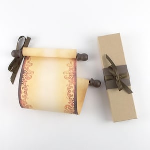 Rustic aged blank scroll with burnt design, 5x13" paper, optional gift box