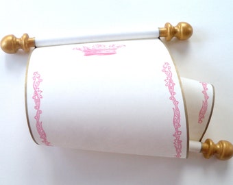 Blank scroll for handwriting or calligraphy with royal crown, pink and gold accents, 5" wide cream paper