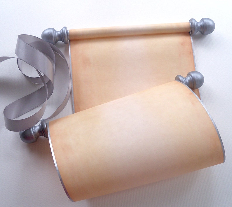 Parchment Scroll with box 5x12 paper Blank Scroll Handwritten Calligraphy for Wedding Vows silver finials Photo or Theater Prop