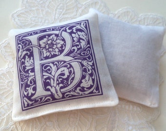 Lavender sachet with decorative letter of the alphabet in purple, set of 2