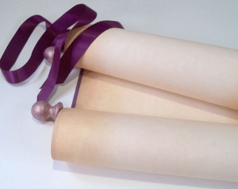 Blank scroll for handwriting, purple with aged  parchment paper, secret message, wedding vows, hand calligraphy, 8x17" paper