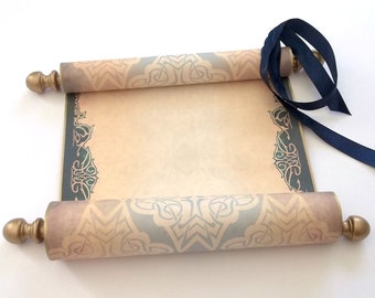 Wide blank scroll for wedding sign, handwritten calligraphy, 8x19 inches parchment paper with navy blue and gold accents