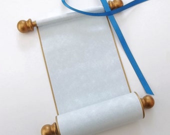 Small Blank Scroll for handwritten secret message, prom invitation, birthday greeting card, 3.5x8.5" light blue parchment, gold accents