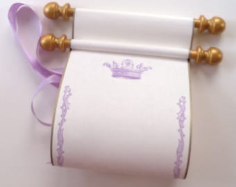 Royal princess crown scroll with box, 5" wide cream parchment with lavender and gold accents