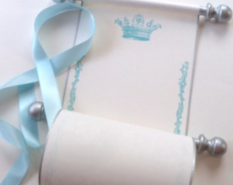 Blank scroll for handwriting or calligraphy with royal crown, light blue and silver accents, 5" wide cream paper