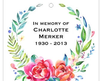 Memorial keepsake tags, In memory of funeral tags, flower wreath, personalized tags, set of 10