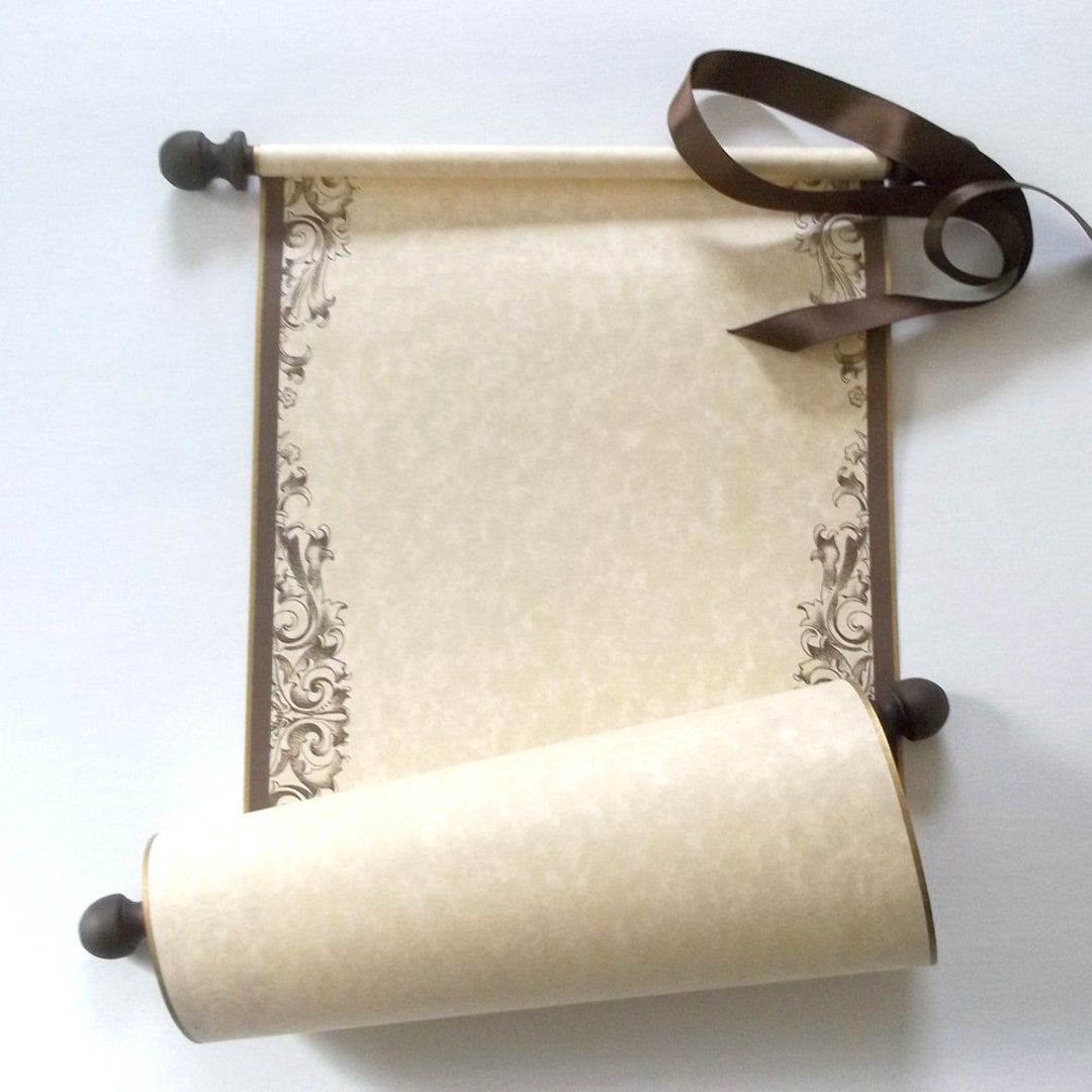 Wide blank aged parchment scroll for handwritten calligraphy, gold accent,  8x17 paper, with presentation box