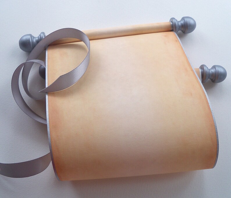 Parchment Scroll with box 5x12 paper Blank Scroll Handwritten Calligraphy for Wedding Vows silver finials Photo or Theater Prop