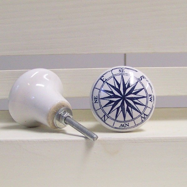 8 Nautical Navy and White Ceramic Dresser Knob-Beach Decor