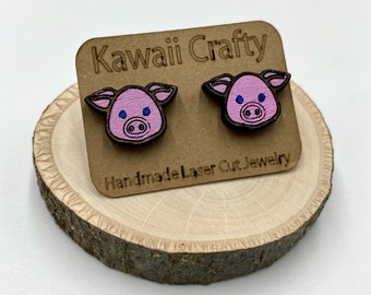 Boucles d'oreilles Pink Pig Stud, Laser Cut Hand Painted Walnut Wood Jewelry, Farm Animal Jewelry, Mothers Day, Spring Gift, Her Birthday Present